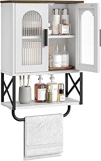 Bathroom Wall Cabinet, Medicine Cabinet with Adjustable Shelf and Towel Bar, Storage Cabinet Wall Mount with 2 Glass Doors, for Bathroom, Kitchen, Living Room, Dining Room, White and Walnut