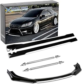 Xotic Tech Front Bumper Lip Chin Spoiler+ 2.2M Side Skirt Winglets Diffusers+ Adjustable 10"-13" Support Rod Universal Fit Most Vehicles, Glossy Black w/White