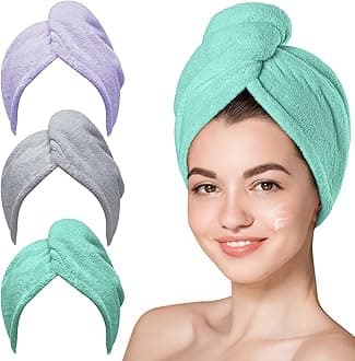 Hicober Microfiber Hair Towel, 3 Packs Hair Turbans for Wet Hair, Drying Hair Wrap Towels for Curly Hair Women Anti Frizz (Green,Purple,Grey)