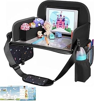 MENZOKE Kids Travel Tray, Travel Tray for Kids Car Seat with Educational Drawing Board，Tablet Holder & Cooler Cup Holder， Portable Road Trip Essentials Kids Gifts for Car Trip, Airplane， Black