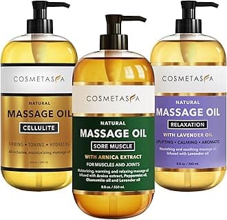 Cosmetasa Massage Oil Set - Arnica & Peppermint Sore Muscle Relief, Cellulite & Lavender Body Massage Oils - Gua Sha Therapy