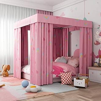 HvqicPink Canopy Bed Curtains - 4 Corner Post Bed Curtains Lightproof Princess Bed Canopy for Girls Rainbow Canopy Bed Curtains for Kids Room Decor(Queen,Pink-Cloud)