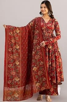 MEERA FAB Women's Cotton Blend V-Neck Anarkali Printed Kurta with Palazzo & Dupatta