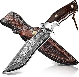 - Damascus Hunting Knife, 10.4" Handmade Bowie Knife with Sheath, Real Damascus Steel Knives with VG10 Core &Wood Handle, Fixed Blade Knives for men women, Tactical, Survival, Camping, Gifts for Men Women