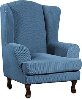 Wingback Chair Covers 2 Piece Wing Chair Slipcover Stretch Slipcovers for Wingback Chairs Wing Chair Cover Spandex Jacquard Fabric with Elastic Bottom Non-Slip Furniture Cover, Dusty Blue