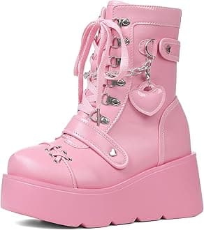 Platform Ankle boots for Women Goth Rave Boots Kawaii Shoes High Heel Round Toe Zipper Wedges Mid Calf Booties