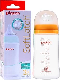 PigeonSoftlatch Baby Feeding Bottle for New Born| Japan's No.1 Brand | Wide Neck | with Anti-Colic | 3+ Month Babies | Yellow Colour | 240ml