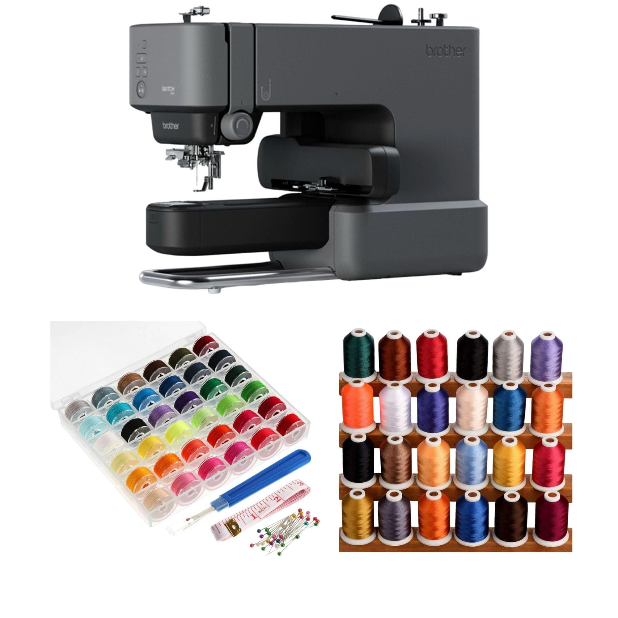 Skitch Embroidery Machine - Precision Single-Needle Stitching with Speed Control Bundle with 24 Assorted Colors Thread, and 36 Pieces Bobbins (3 Items)