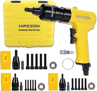 HIFESON Pneumatic Rivet Nut Gun (M4 & M5 & M6) Air Rivet Nut Pull Setter Tool with 3 Size Quick-Change Nose-Piece Assembly, 5pcs Mandrels Included with Each Size