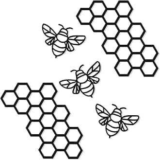 Peryiter 5 Pcs Metal Bee Wall Art Farmhouse Honey Bee Honey Comb Decor Wire Metal Wall Decor Hanging for Living Room Garden Bedroom Office Home(Black)