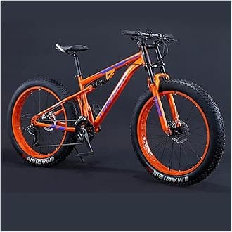 Mountain Bikes Men 26 Inch Adult Fat Tyre Mountain Bike with Full Suspension, High-carbon Steel Large Frame Dual Disc Brake Giant Bicycle,Orange Spoke,7 Speed