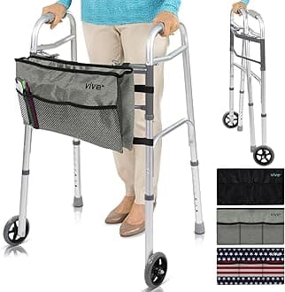 Vive Mobility Folding Walker for Seniors (with Wheels & Bag) - Rolling Rollator - Narrow, Foldable, Lightweight - Medical Front Wheeled Support - for Adults, Handicap, Elderly (with Gray Bag)
