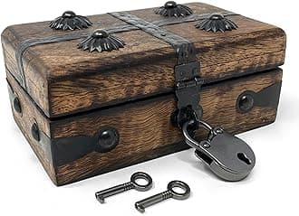 Nautical Cove Treasure Chest Wooden Box with Antique Iron Lock and Skeleton Key (X-Small 5 x 3 x 2) - Storage and Decor – Pirate Wooden Treasure Chest, Decorative Box with Hinged Lid,