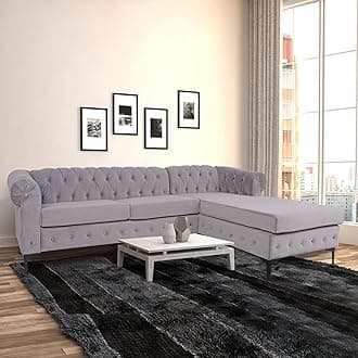 ORRD L-Shape Sectional Sofa, Velvet Tufted Chesterfield Couch Large Sofa Living Room Set with Chaise Lounge and Scrolled Arm for Living Room Home Furniture (Grey)