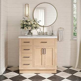 ARIEL Hepburn 37" Inch Bathroom Vanity with Sink, American Oak Solid Wood, Quartz Countertop 1.5 inch Edge, Right Rectangular Single Sink, 2 Soft Closing Doors and 5 Drawers