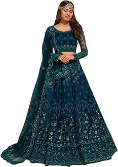 Women's Embroidered Pattern Semi-Stitched Net Lehenga Choli with Unstitched Blouse Piece