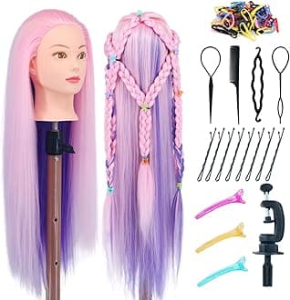 Mannequin Head with Hair, 29'' Doll Head for Hair Styling Training Head Manikin Practice Cosmetology Doll Head Styling Hairdressing Training Braiding Heads with Clamp Holder (Pink Purple)