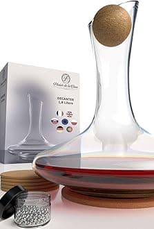 Crystallin Wine Decanter & Accessories (Cleaning Beads, Cork Stopper, Mat & Coasters) – 100% Handmade in Europe, Lead-Free Crystal Glass Wine Carafe – Unique Gift Idea
