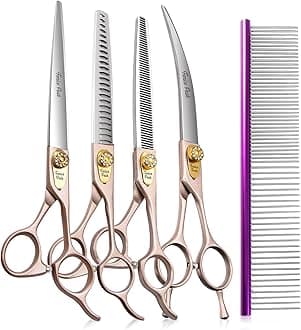Fenice Peak 7'' Professional Dog Grooming Scissors Set Rose Gold 440C Stainless Steel Straight Thinning Curved Chunker Shears 4pcs Set for Pet Grooming Services Dogs and Cats
