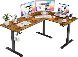 Furmax 63 x 48 Inch L Shaped Standing Desk with 2 Preset Heights, Electric Height Adjustable Computer Table, 2 Hooks & Feet Balance, Corner Sit Stand Desk for Home Office (Rustic Brown, 63 x 48 Inch)