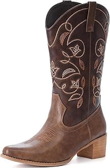IXU Cowboy Boots For Women Wide Calf Pointy Toe Cowgirl Boots Mid Calf Western Boots