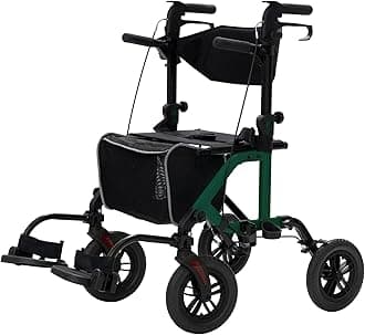 ELENKER All-Terrain 2 in 1 Rollator Walker & Transport Chair, Folding Wheelchair with 10” Non-Pneumatic Wheels for Seniors, Reversible Backrest & Detachable Footrests, Green
