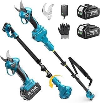 2-in-1 Cordless Electric Pruning Shears with Pole, 15Ft Reach, 1.2" Cutting Diameter, 21V 2x 4000mAh Batteries, Battery Powered Tree Pruner with Brushless Motor for Efficient Branch Trimming