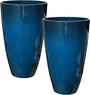 RUBBER BOND Plant Pots 2 Pack - Modern Indoor/Outdoor Planters for Home Decor - Weather-Resistant Large Flower Pots - Lightweight 22 Inches Tall Planters - Blue Glossy Round Pots for Plants