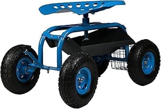 Sunnydaze Rolling Garden Cart with Seat - Garden Stool with Wheels and Adjustable 360-Degree Swivel Seat - Utility Tool Tray and Storage Basket - Blue
