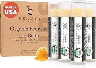 Lip Balm Organic (Original Unflavored) 4 Tube Pack ; Pure and Natural Beeswax Lip Butter with Aloe Vera, Vitamin E for a Clear Gloss; Moisturize, Repair Dry, Cracked or Chapped Lips, Made in USA
