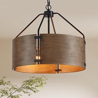 Farmhouse Chandelier, 4-Light Drum Ceiling Light Fixture, 17.7" Faux-Wood Metal Lamp Adjustable Height Pendant Lighting for Kitchen, Dining Room, Living Room, Entryway