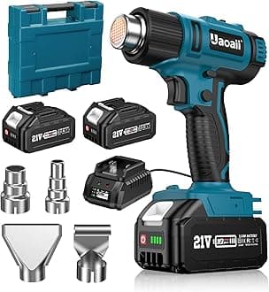 Cordless Heat Gun, Uaoaii 21V Hot Air Gun w/ 2x 4.0Ah Rechargeable Battery, 4 Nozzle, Led Light & Suitcase, 2-Temp Setting Max 1022°F(550°C) for Crafts, Shrink Tubing, Resin Decorating (HG2000)