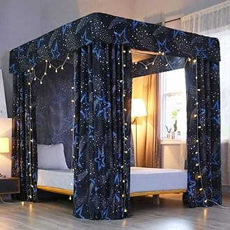MengersiGalaxy Four Corner Post Canopy Bed Curtains Mosquito Net Sheer Canopy Cover Bedroom Decor(King, Star)