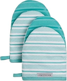 KitchenAid Albany Mini Cotton Oven Mitts with Silicone Grip, Aqua Sky, Set of 2