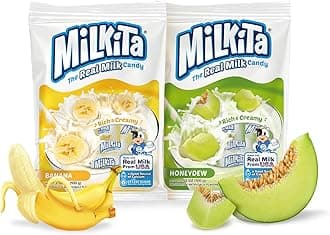 Milkita Creamy Banana & Honeydew Milk Candy – Low-Sugar Healthy Sweets with Real Milk for Kids & Adults – Fat Free & Gluten Free Candy with Calcium for Everyday Indulgence (2-Pack/25 Count Each)