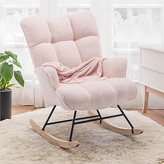 Nursery Rocking Chair Teddy, Upholstered Glider Rocker with High Backrest, Comfortable Stylish Accent Armchair with Padded Seat for Living Rooms, Bedrooms, Offices, Pink