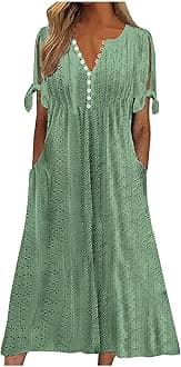 Elegant Summer Dresses for Women 2026 Trendy Tie Short Sleeve Button Down v Neck Eyelet Maxi Long Tshirt Dress