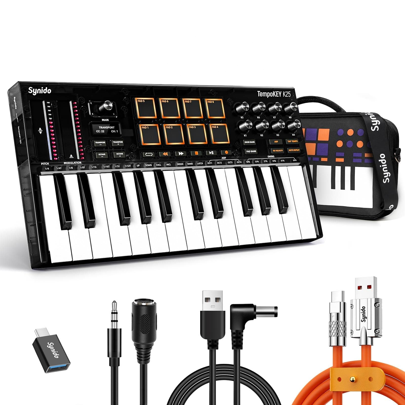 - 25 Key USB MIDI Keyboard Controller with 8 Drum Pads, Professional Mini Midi Keyboard with OLED Screen, Beat Maker Machine for Music Production, Black, TempoKey K25