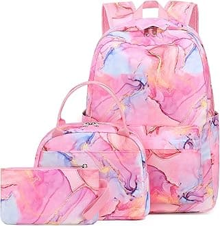 BluboonTeen Girls School Backpack Kids Bookbag Set with Lunch Box Pencil Case Travel Laptop Backpack Casual Daypacks (Marble Pink-Blue)