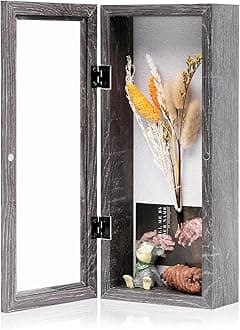 Muzilife 12.5x5 Shadow Box Picture Frame - 2.16" Interior Deep Wood & Glass Display Case Ready to Hang Memory Box Baby Sports Memorabilia, Wedding, Tickets, and Photos, Texture Gray