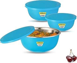 - URBAN CHEF Mixing Bowl Set of 3 Stainless Steel (500ml, 800ml,1250ml) | Microwave Safe & Dishwasher Safe | Bowl Set with Lid for Gift | Bowls for Snacks | Serving Bowls Kitchen Accessories -Blue