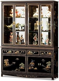 60in Black Lacquer Chinoiserie Oriental China Cabinet