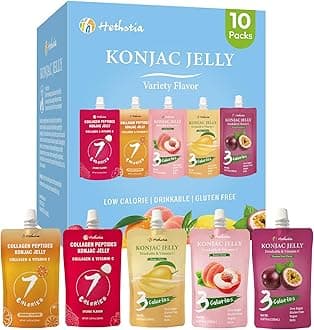 Konjac Jelly Drinkable Pouch Variety Pack - Low Calorie, 0 Sugar, Gluten-Free, Collagen Peptides & Vitamin C - 10 Pack - Lychee, Passion Fruit, Mango, Peach, Orange- Healthy Fruit Snacks