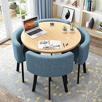 Round Kitchen Dining Table Set for 4, Space Saving Table and Chairs Set with Thick Tabletop 4 Upholstered Chairs, Dinning Room Modern Casual Coffee Table Set(D 31.5inch/80cm, Blue)