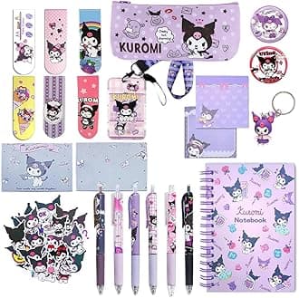 - 23Pcs Kawaii Kuromi School Supplies Set, Kuromi Stationery Supplies Set with Notebook, Pencil Pouch, Click Pens, Assorted Kuromi Cartooon Stickers, Girls School Gift Set