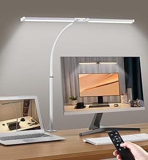 Led Desk Lamp for Home Office, Eye-care Architect Light with Clamp, Smart Double Head Computer Monitor Table Clip Lamp, Adjustable Flexible Goose-Neck, 25 Lighting Models, Task Lamp, White and Sliver
