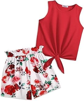 Arshiner Girl's 2 Piece Outfits Tie Knot Tank Top and Paperbag Waist Pocketed Summer Short Sets