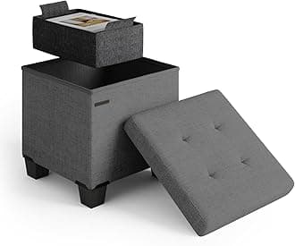Storage Ottoman Cube with Small Bin, 15-in Square Ottoman with Storage for Living Room and Bedroom, Small Ottomans Foot Rest, Fabric Foot Stools Ottomans Max 330lbs, Grey