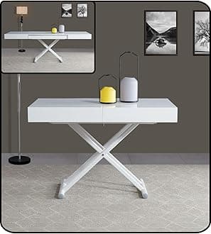 VOLERO' ; Table Lift-top Coffee to Dining Table,Transformable Space-Saving Table, Achille Large Model, Sliding Mechanism with Millimeter Height Adjustment (Lacquered White, White Legs)