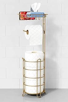 Gold Toilet Paper Holder Stand with Phone Shelf, Free Standing Alone Toilet Tissue Paper Roll Dispenser for Wipes, Mega Rolls (Brushed Gold)